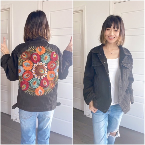 013 Boho Floral embroidered Distressed denim jean jacket - Picture 6 of 14